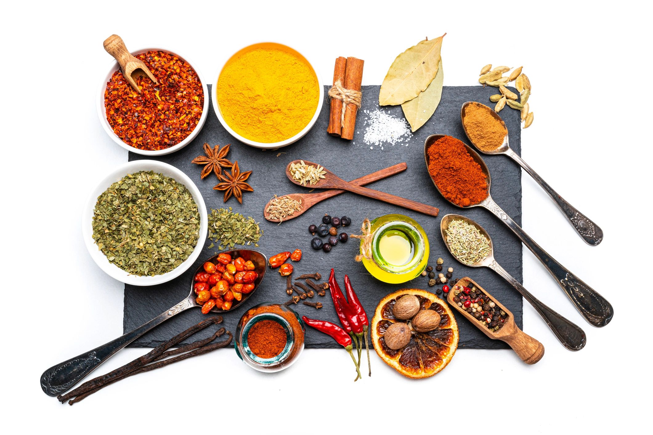 Overhead view of assorted spices on white background